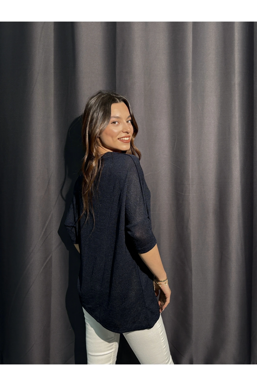 Metalik Dokulu Lacivert Salaş Bluz