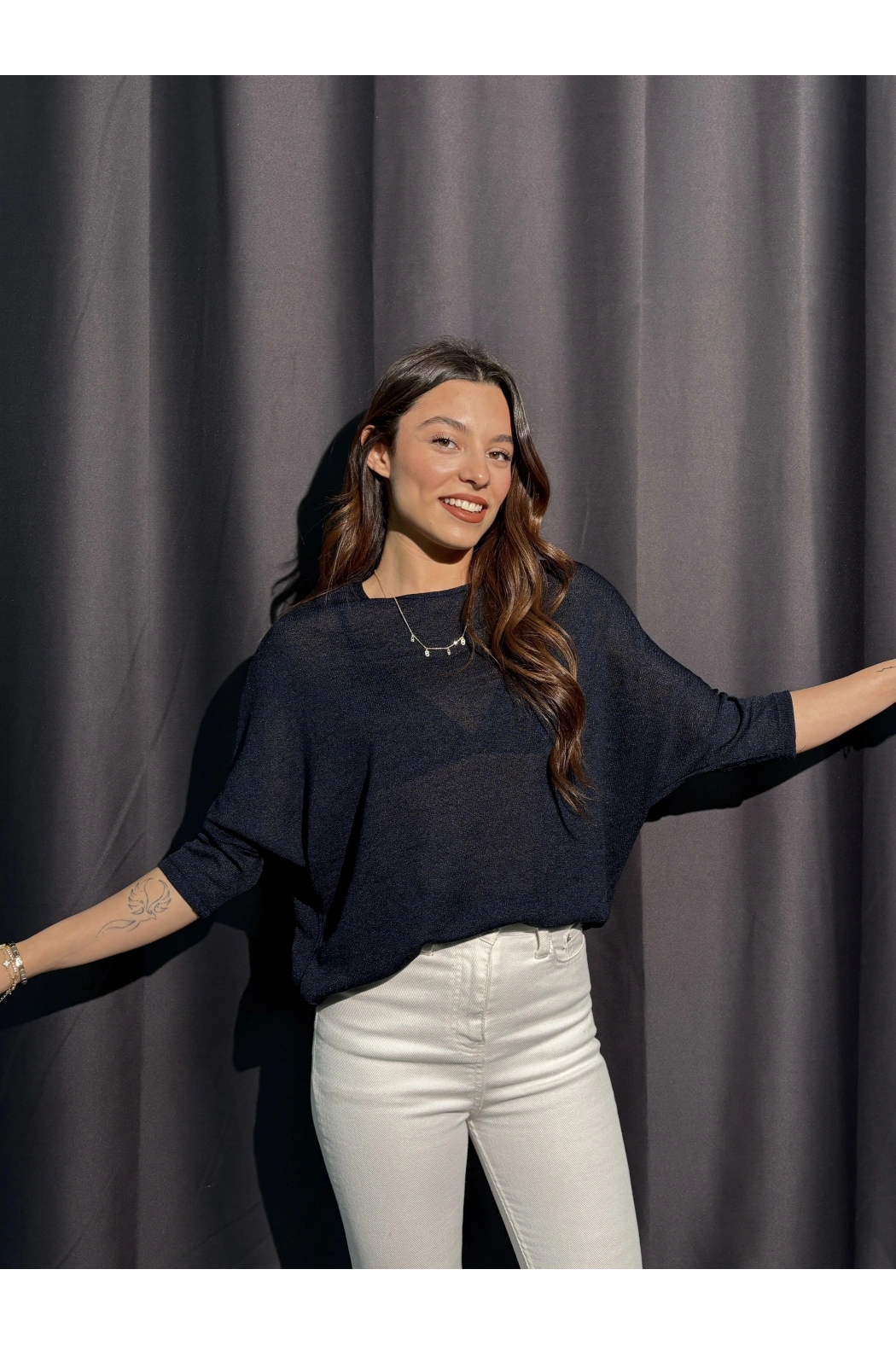 Metalik Dokulu Lacivert Salaş Bluz