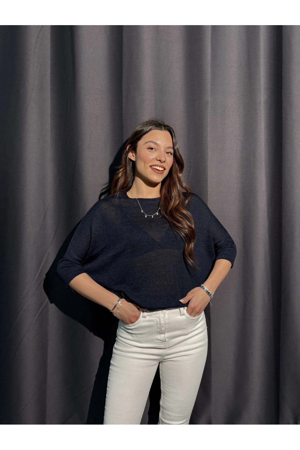 Metalik Dokulu Lacivert Salaş Bluz