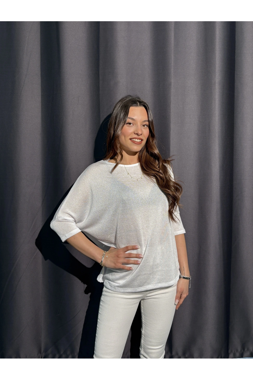 Metalik Dokulu Beyaz Salaş Bluz