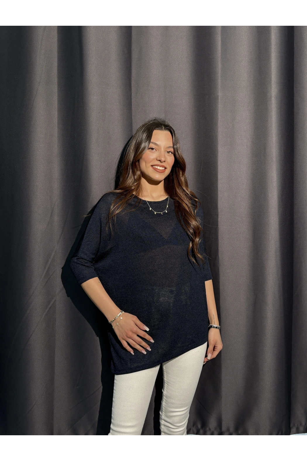 Metalik Dokulu Lacivert Salaş Bluz