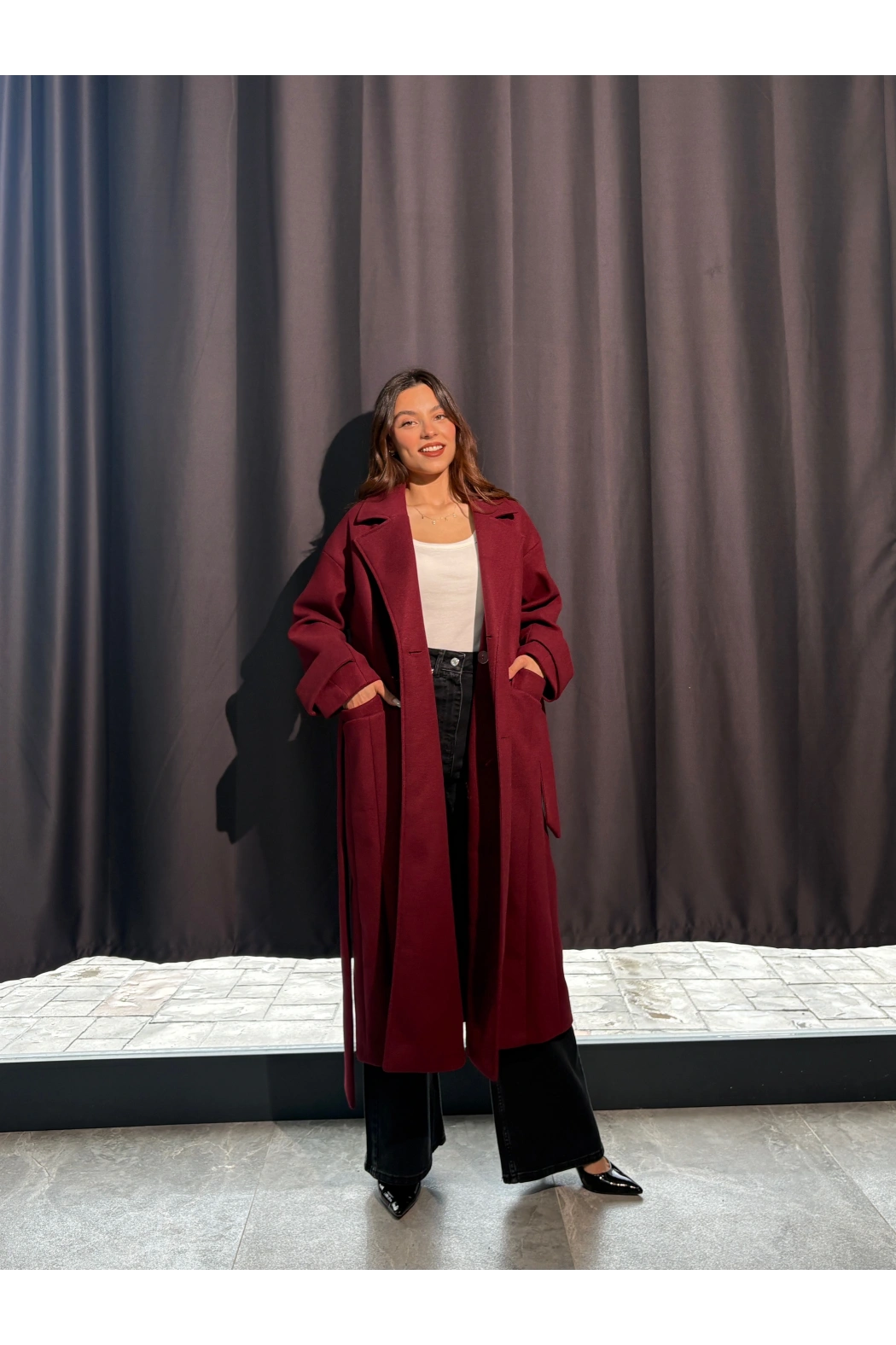 Kuşaklı Astarlı Bordo Kaban