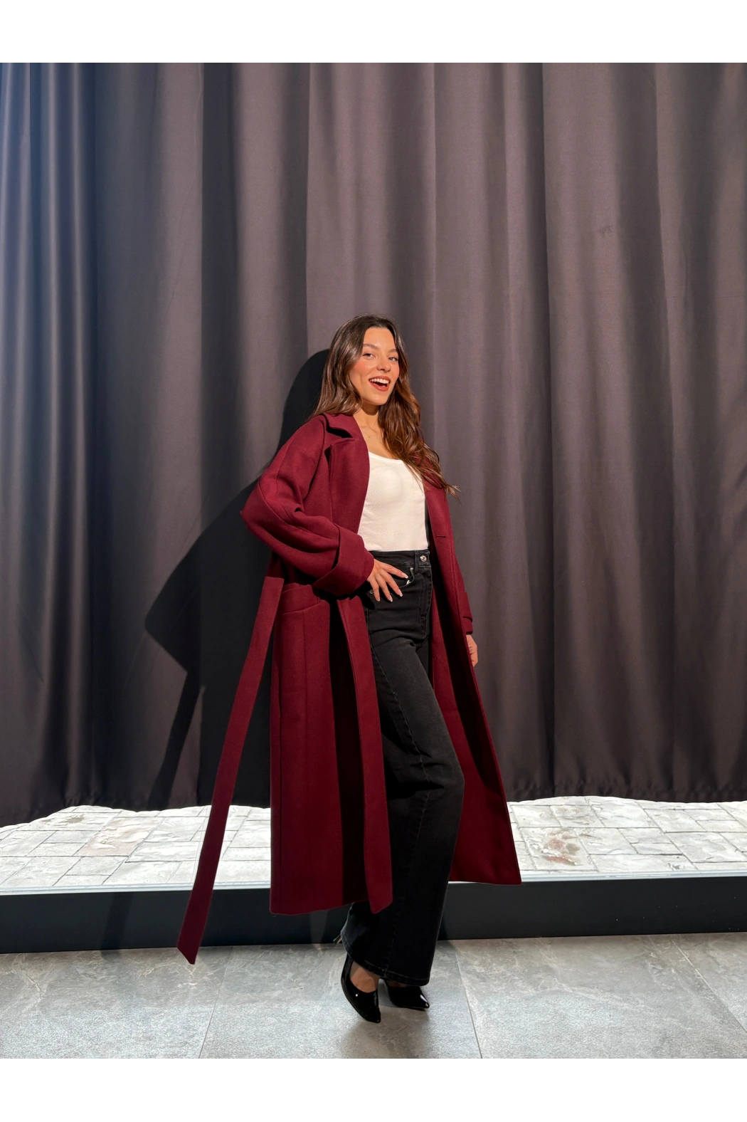 Kuşaklı Astarlı Bordo Kaban