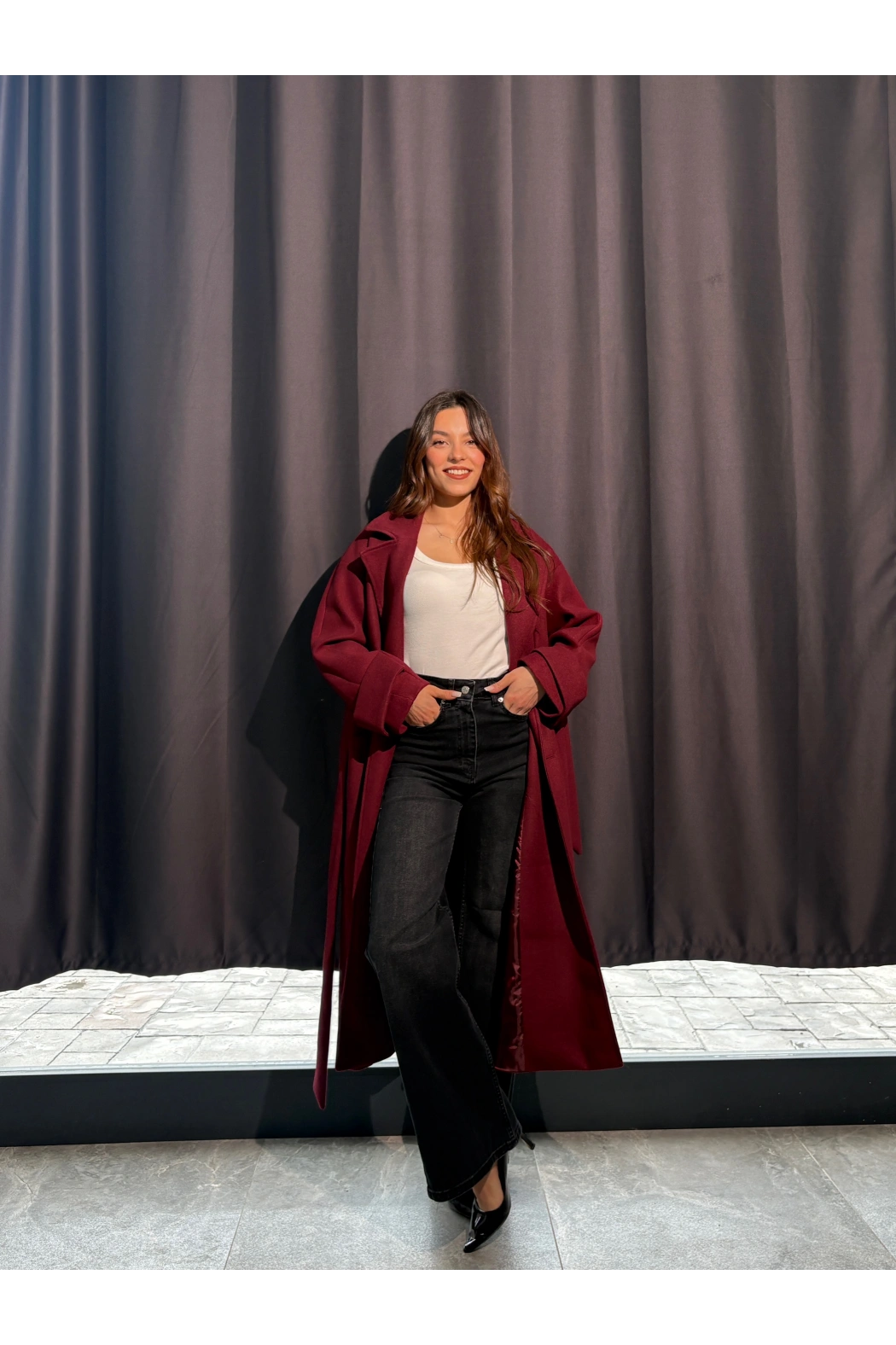 Kuşaklı Astarlı Bordo Kaban