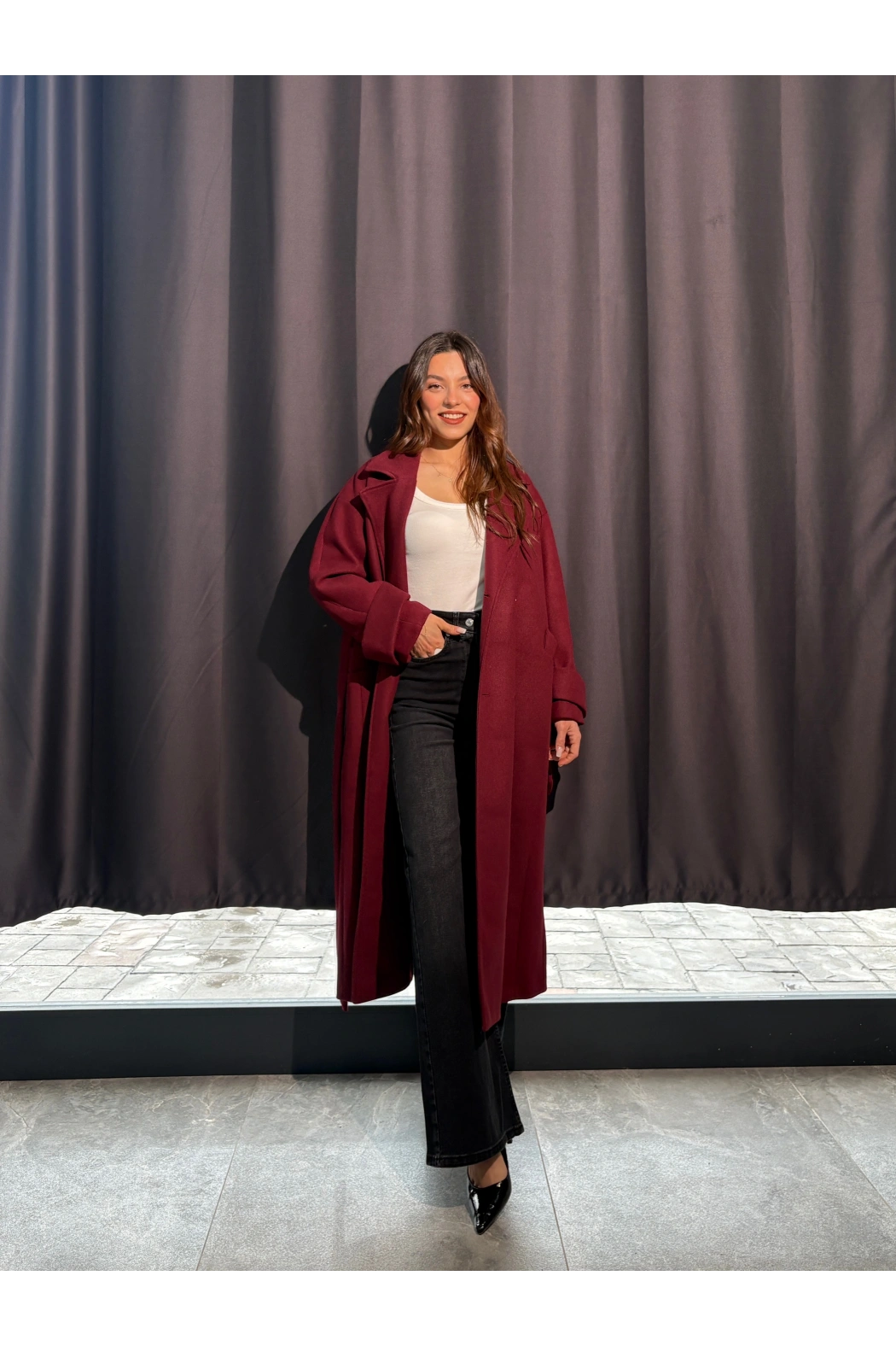 Kuşaklı Astarlı Bordo Kaban