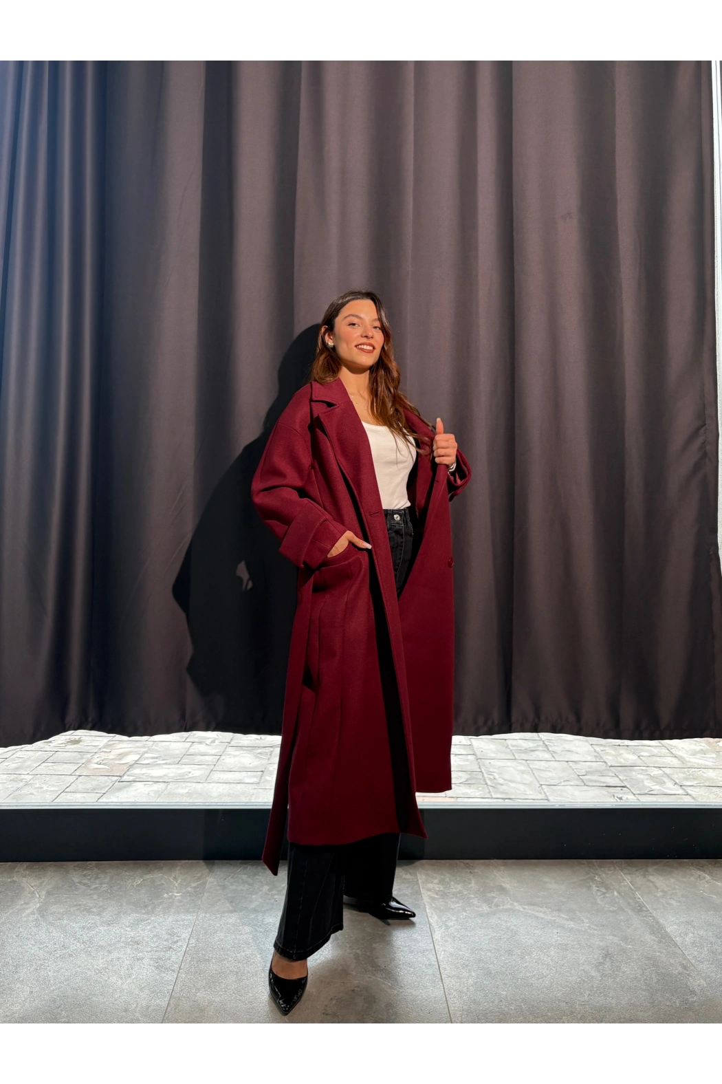 Kuşaklı Astarlı Bordo Kaban