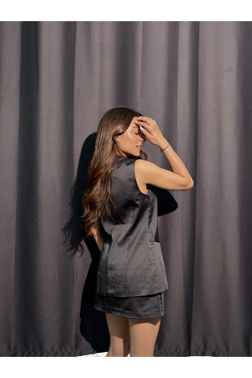 Astarlı Çizgili Saten Yelek Etek Takım