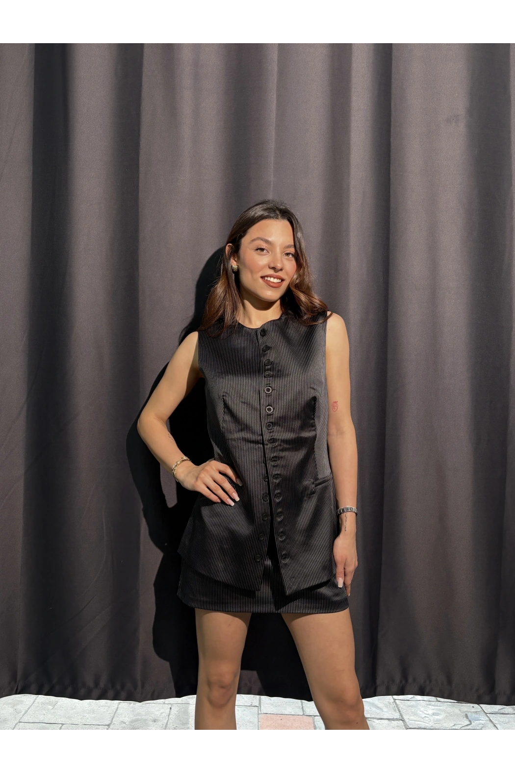 Astarlı Çizgili Saten Yelek Etek Takım