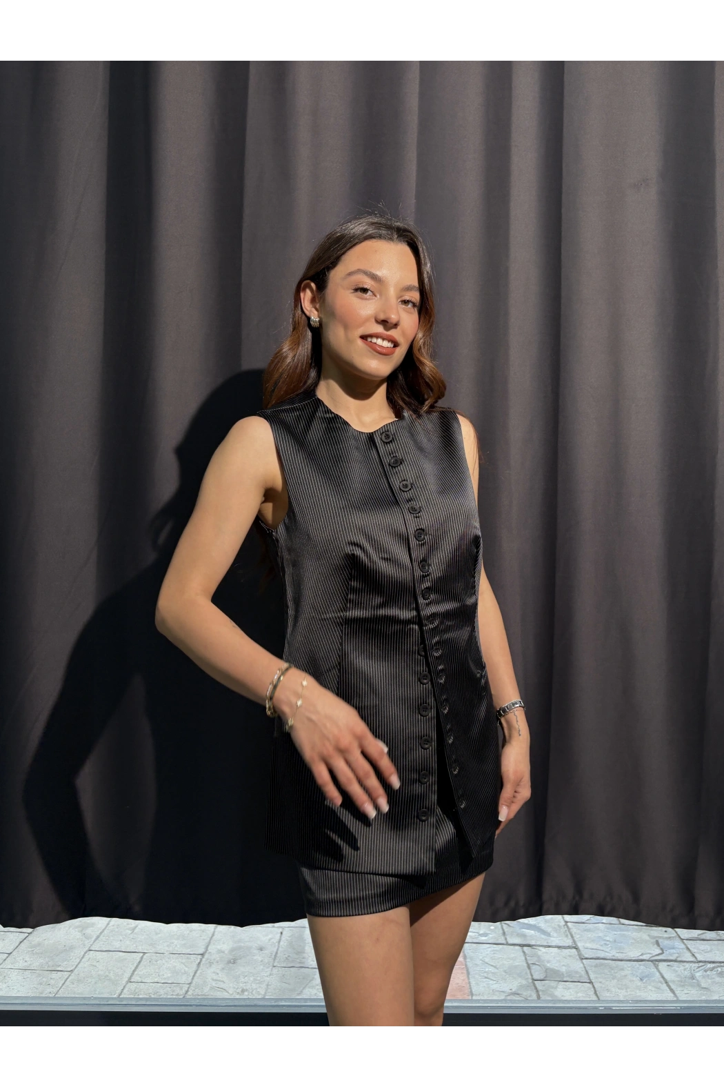 Astarlı Çizgili Saten Yelek Etek Takım