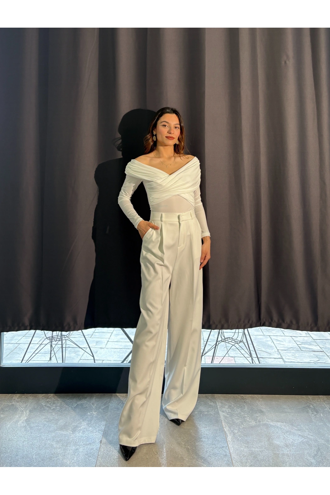 Beyaz Palazzo Kumaş Pantolon