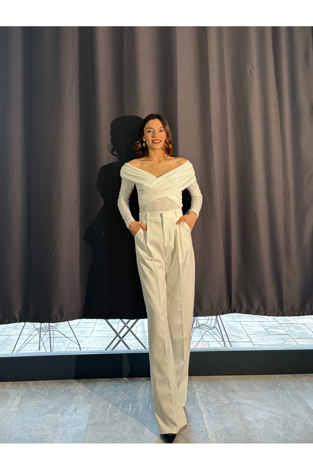 Beyaz Palazzo Kumaş Pantolon