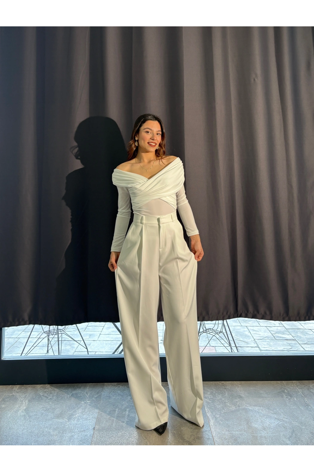 Beyaz Palazzo Kumaş Pantolon