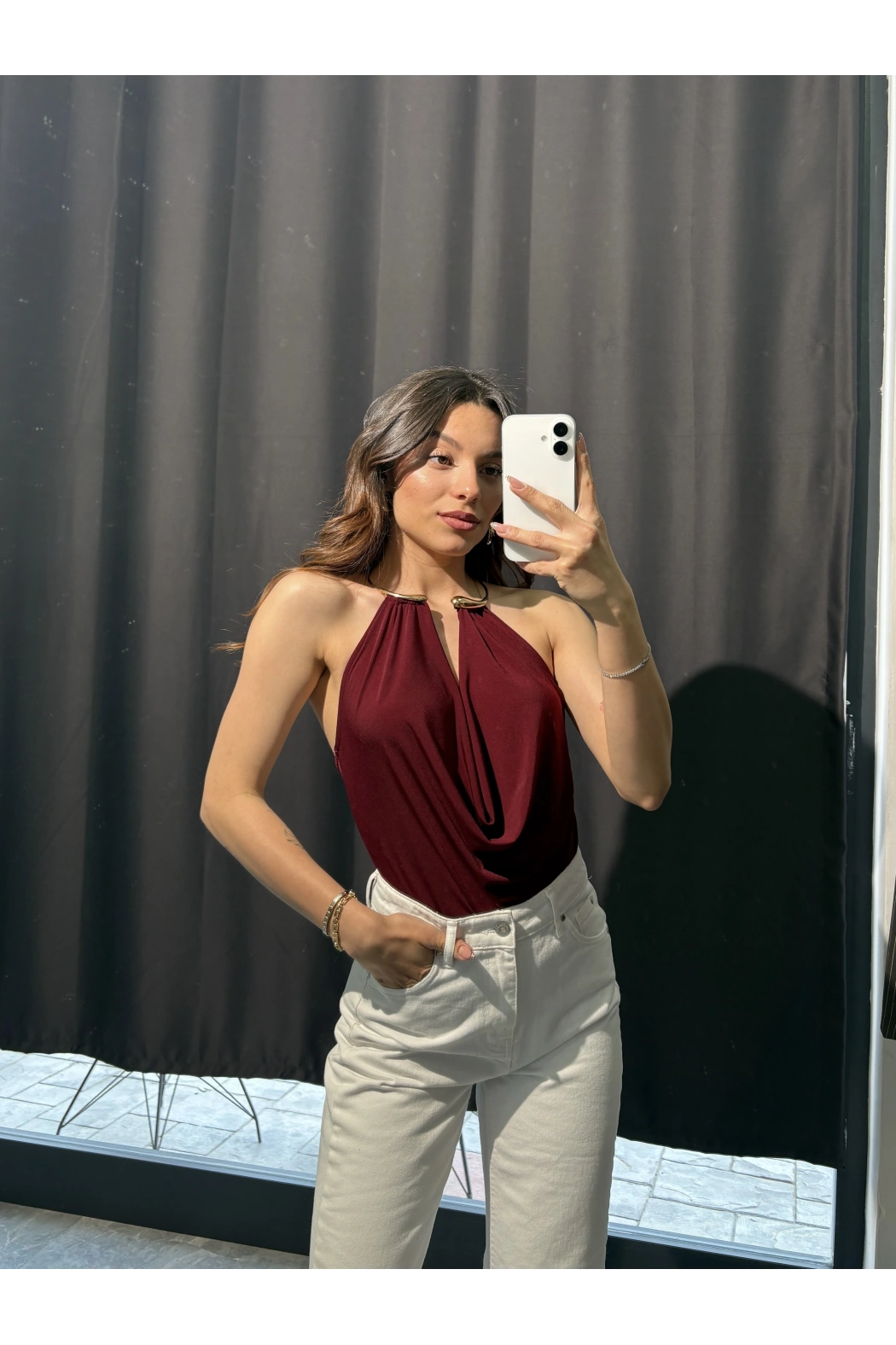 Gold Aksesuar Detay Bordo Bodysuit