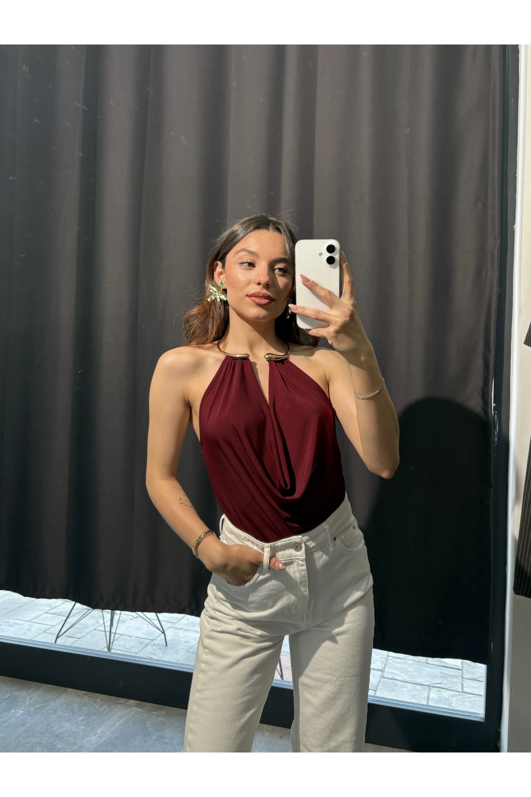 Gold Aksesuar Detay Bordo Bodysuit