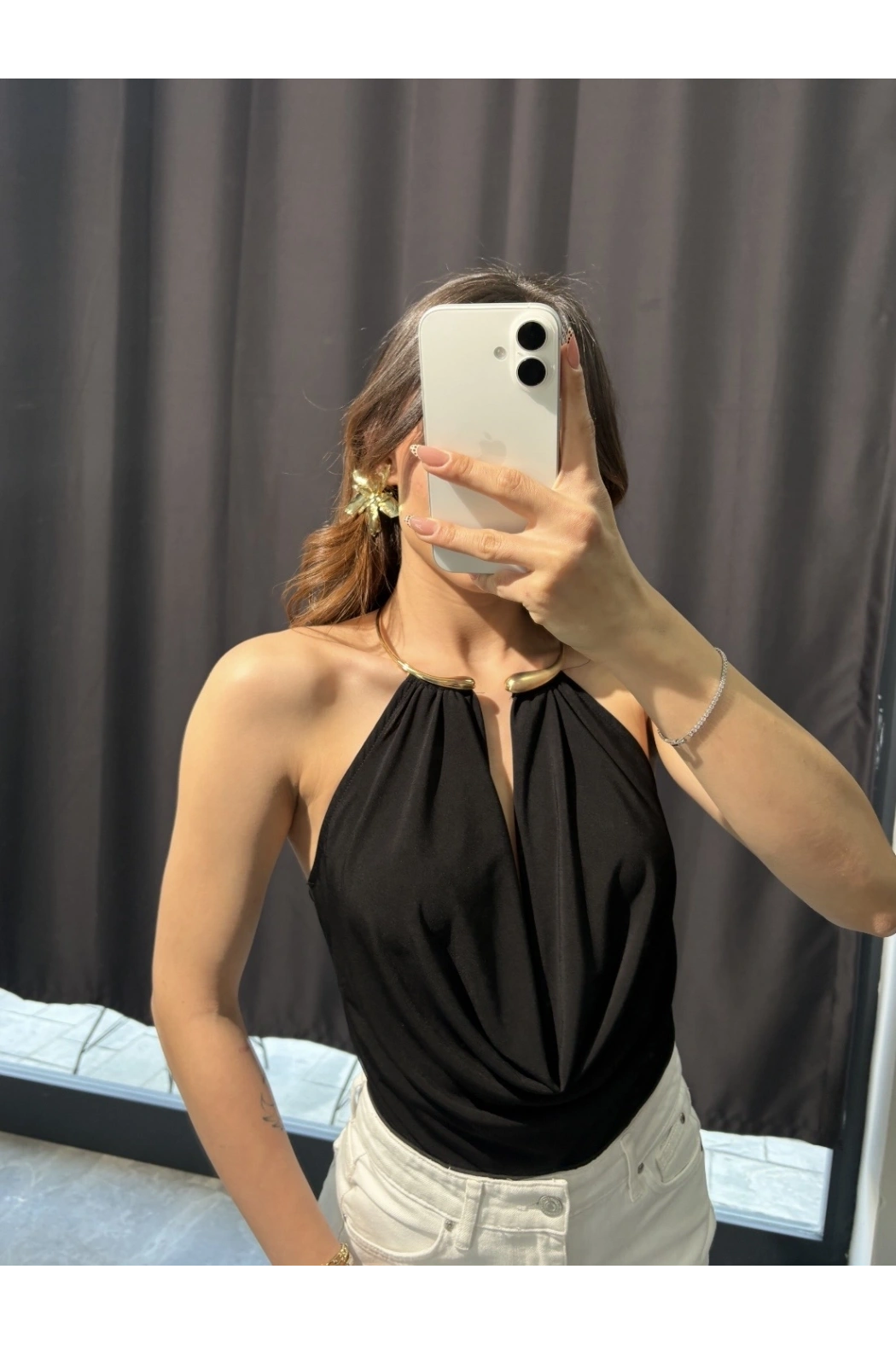 Gold Aksesuar Detay Siyah Bodysuit