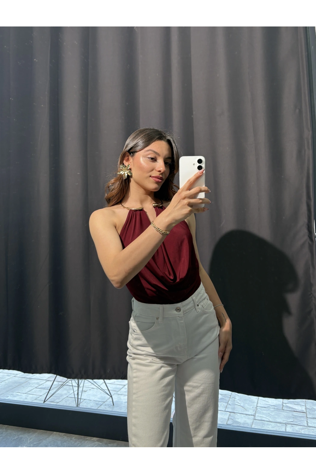 Gold Aksesuar Detay Bordo Bodysuit