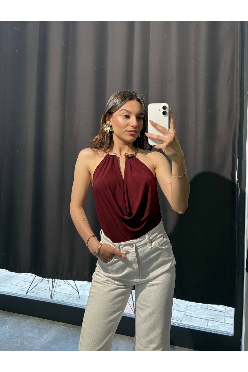 Gold Aksesuar Detay Bordo Bodysuit