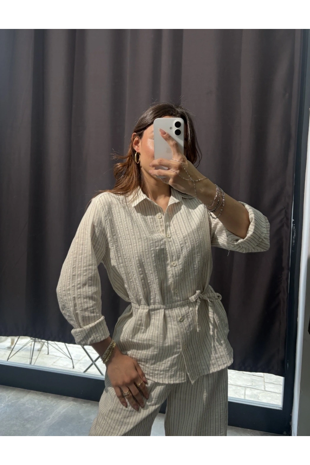 Lacivert Çizgili Bağlamalı Keten Takım