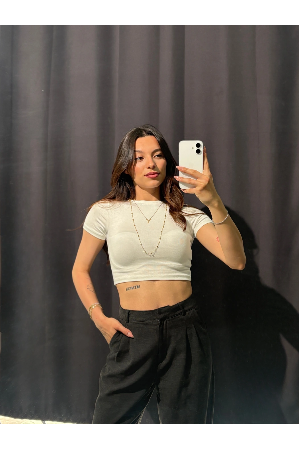 Bisiklet Yaka Basic Beyaz Crop