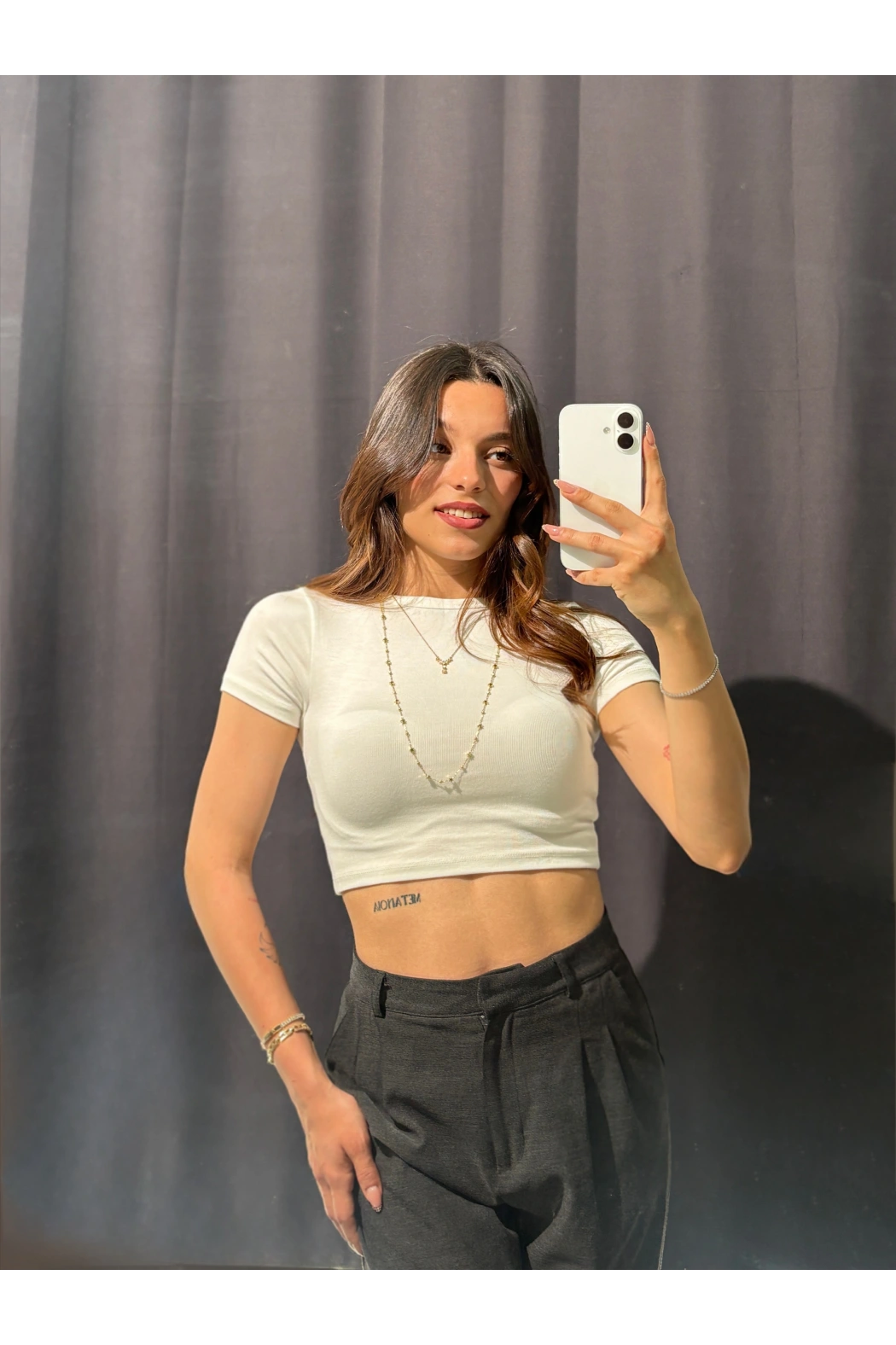 Bisiklet Yaka Basic Beyaz Crop