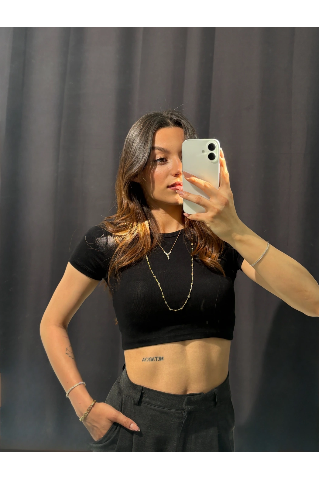 Bisiklet Yaka Basic Siyah Crop