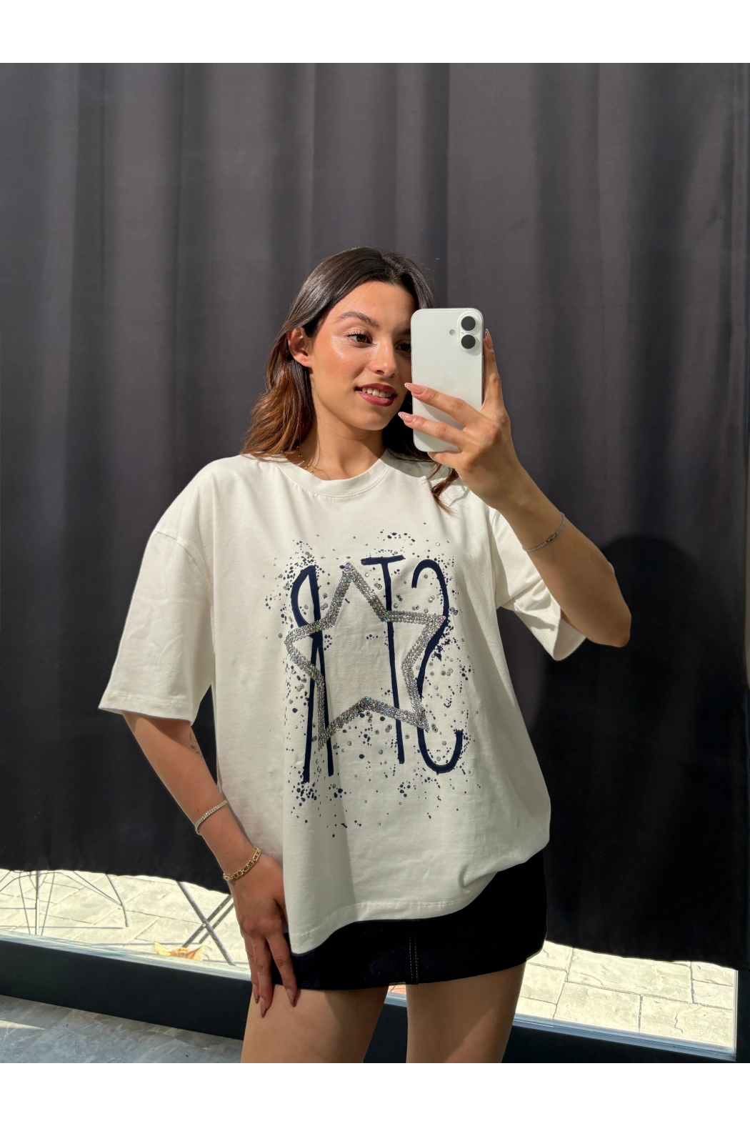 Star Oversize Beyaz Tişört