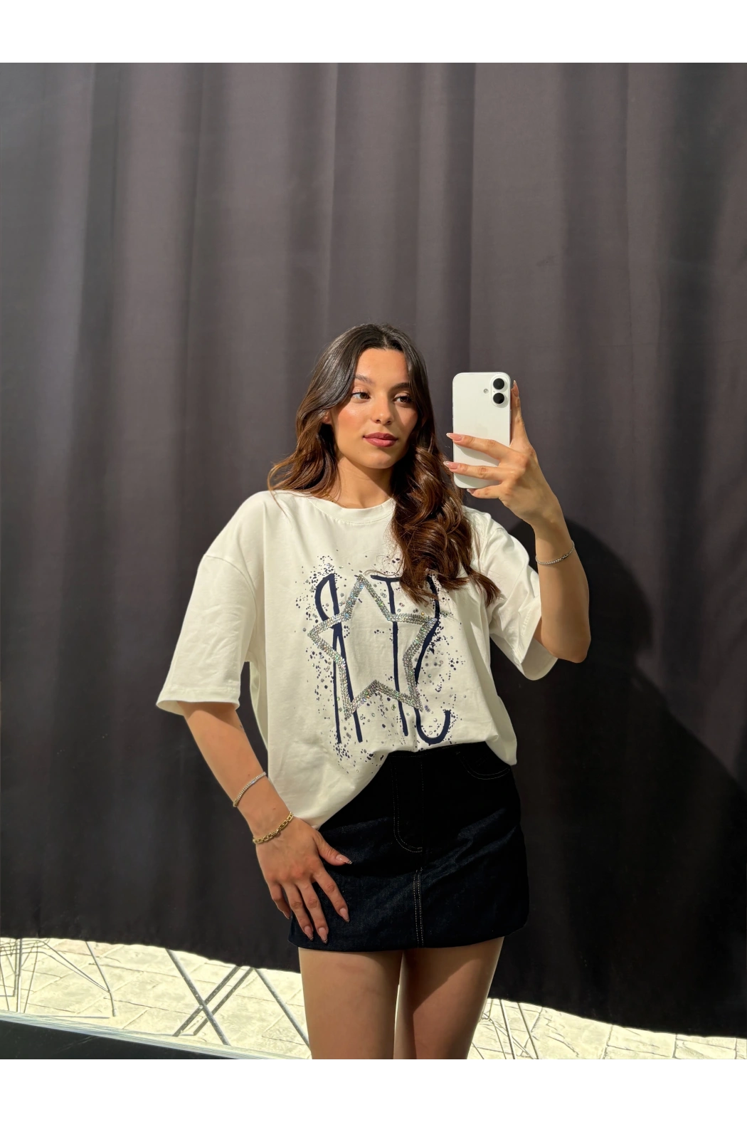 Star Oversize Beyaz Tişört