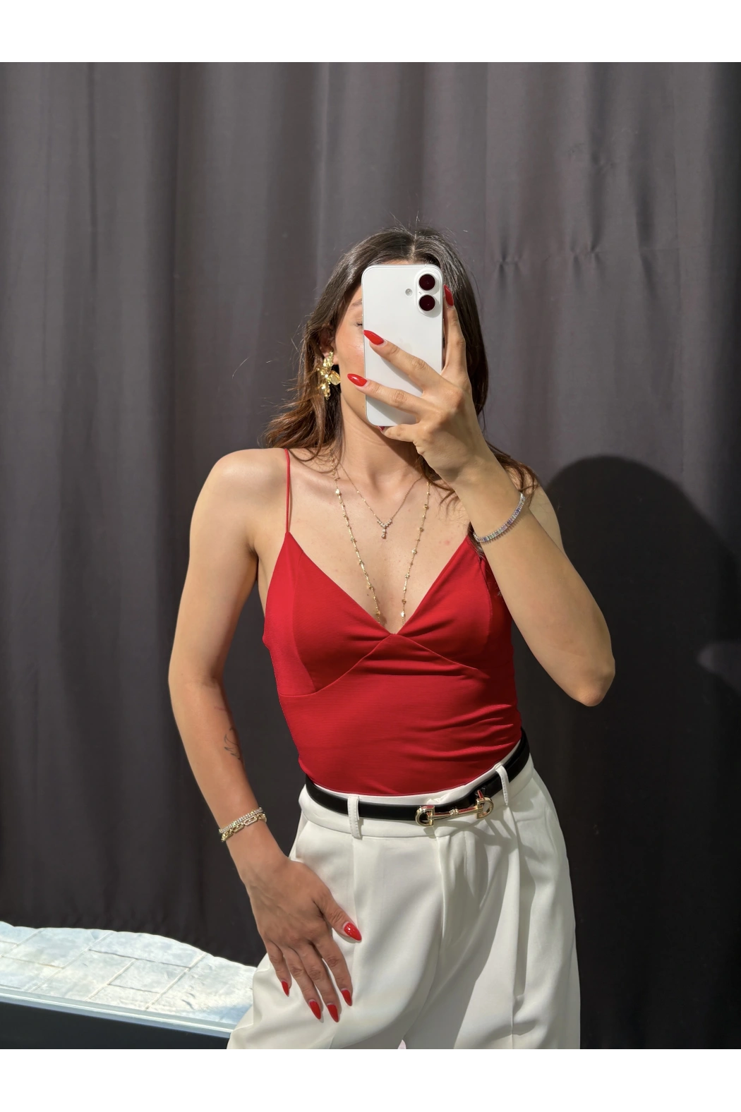 V Yaka İp Askılı Bodysuit Kırmızı