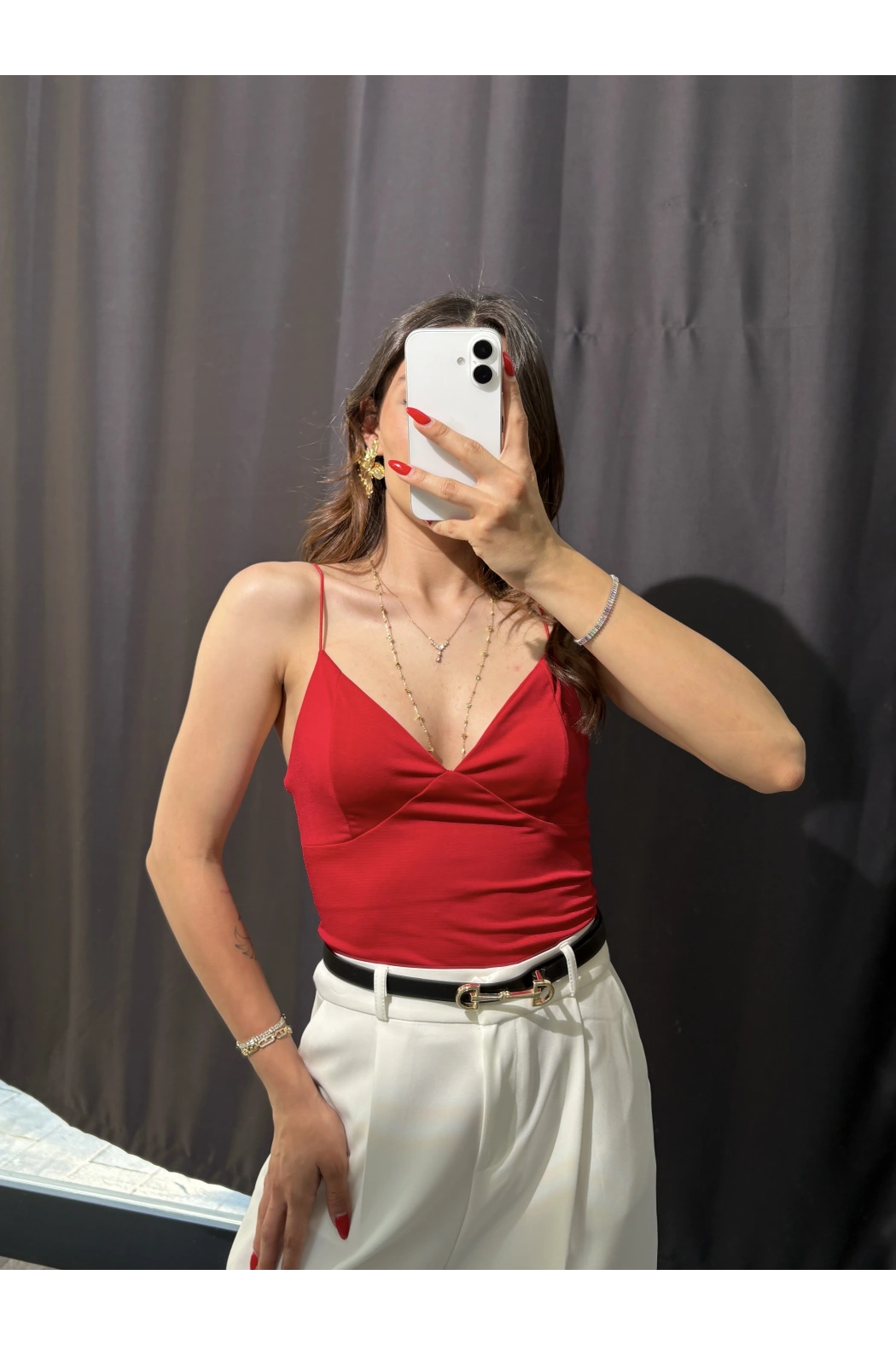 V Yaka İp Askılı Bodysuit Kırmızı