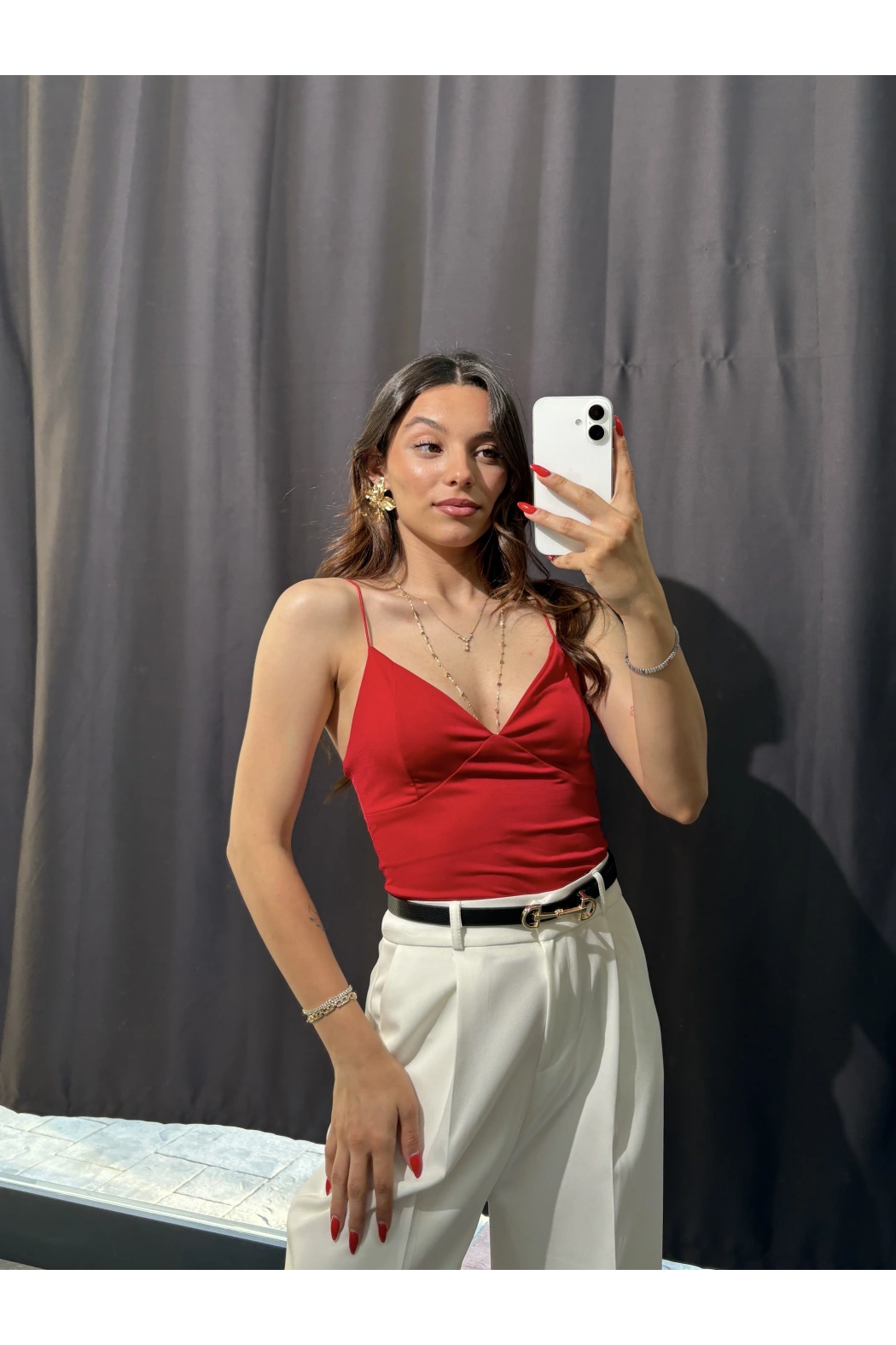 V Yaka İp Askılı Bodysuit Kırmızı