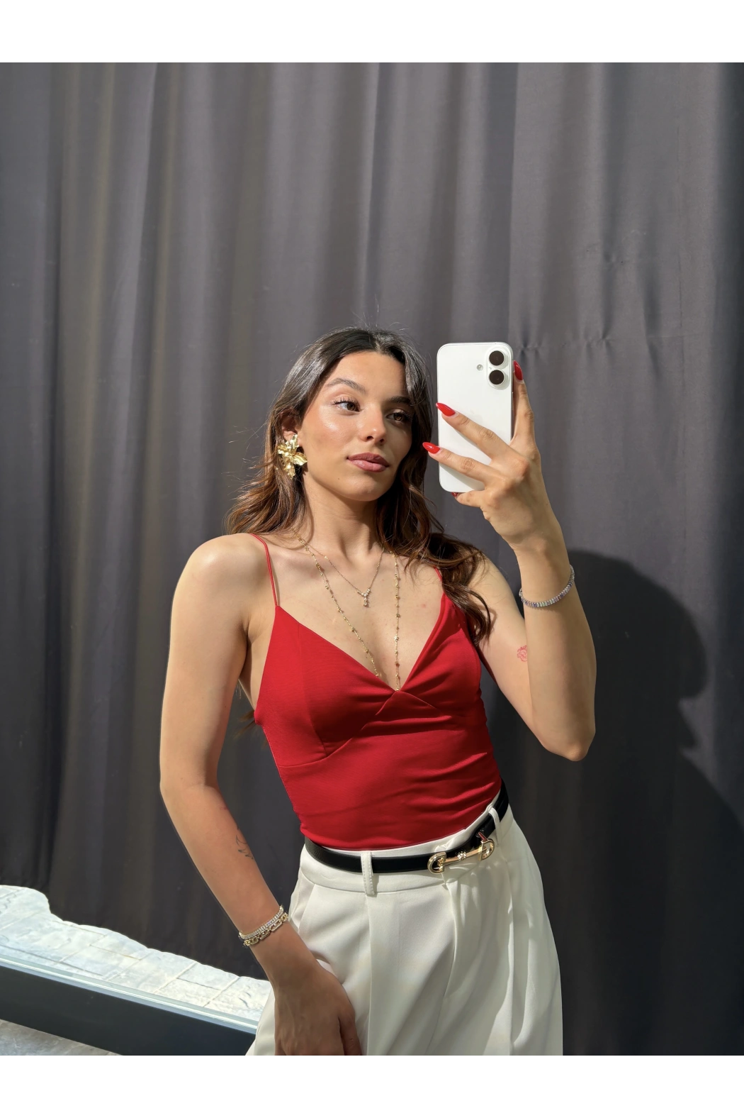 V Yaka İp Askılı Bodysuit Kırmızı