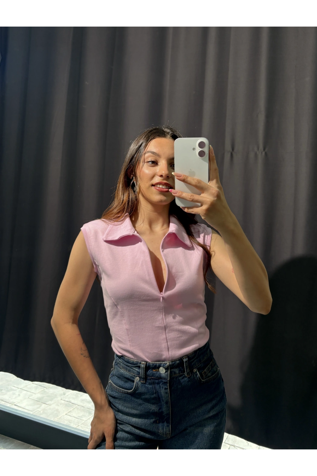 Polo Yaka Fermuarlı Pembe Body
