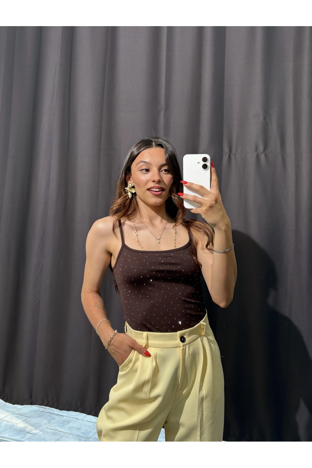 Taşlı İp Askılı Bodysuit Kahverengi