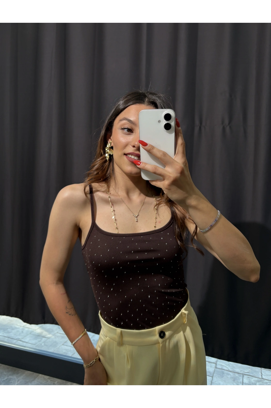 Taşlı İp Askılı Bodysuit Kahverengi