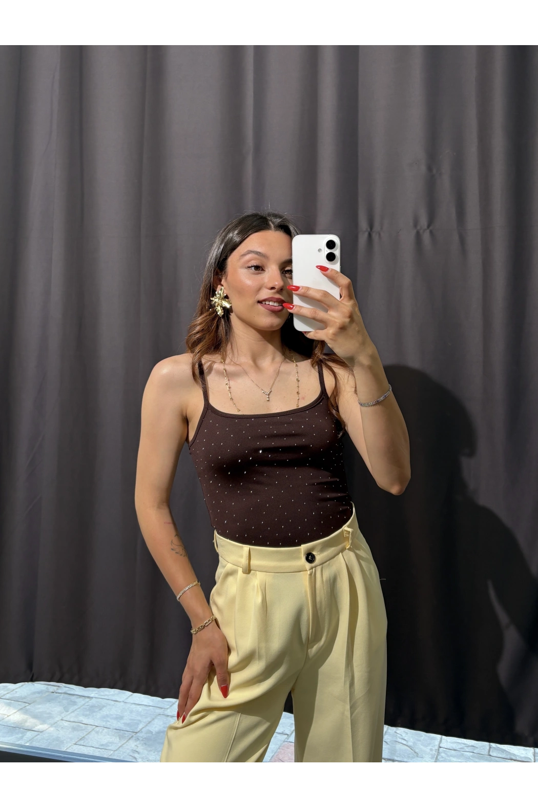 Taşlı İp Askılı Bodysuit Kahverengi