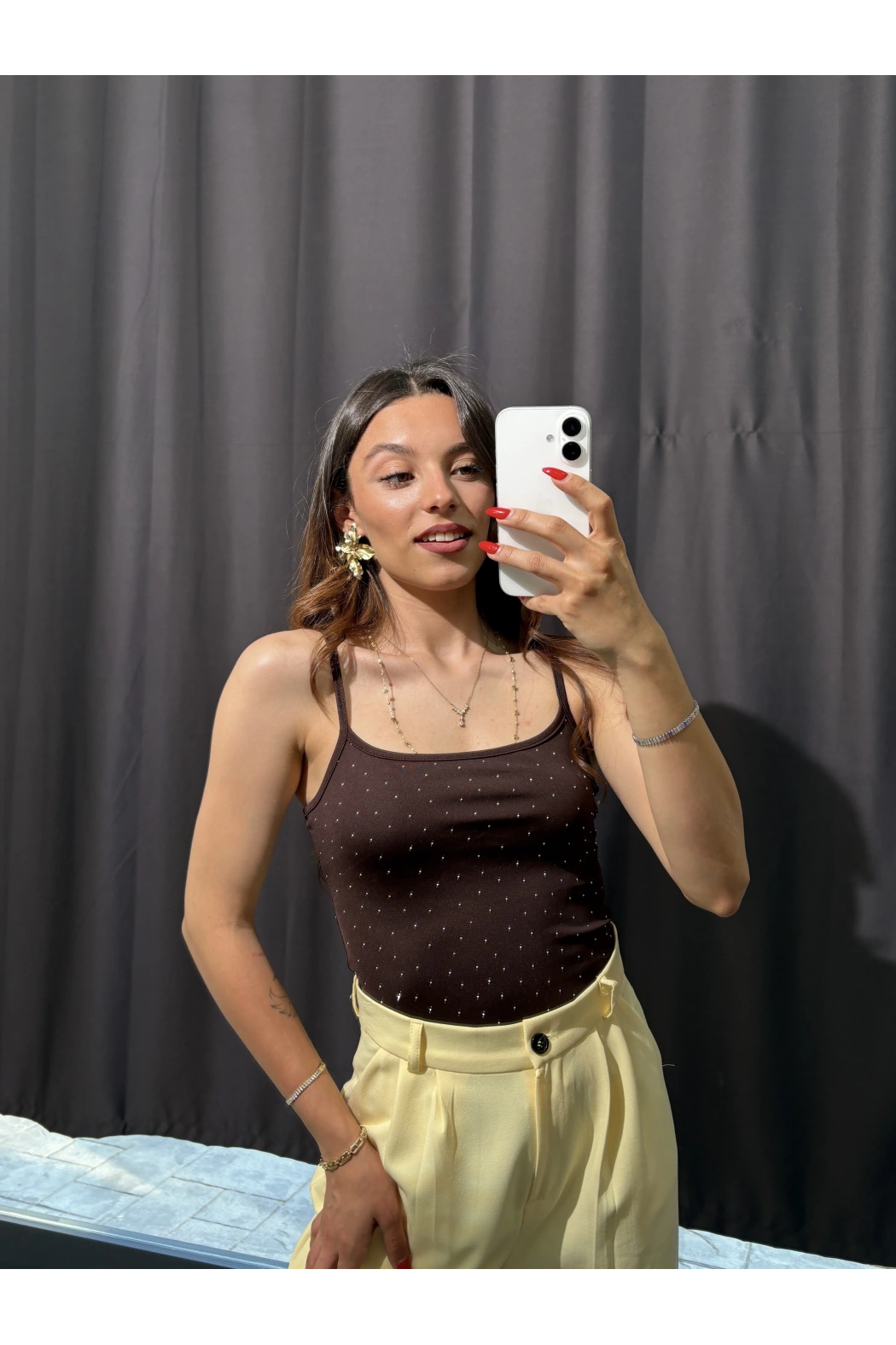 Taşlı İp Askılı Bodysuit Kahverengi
