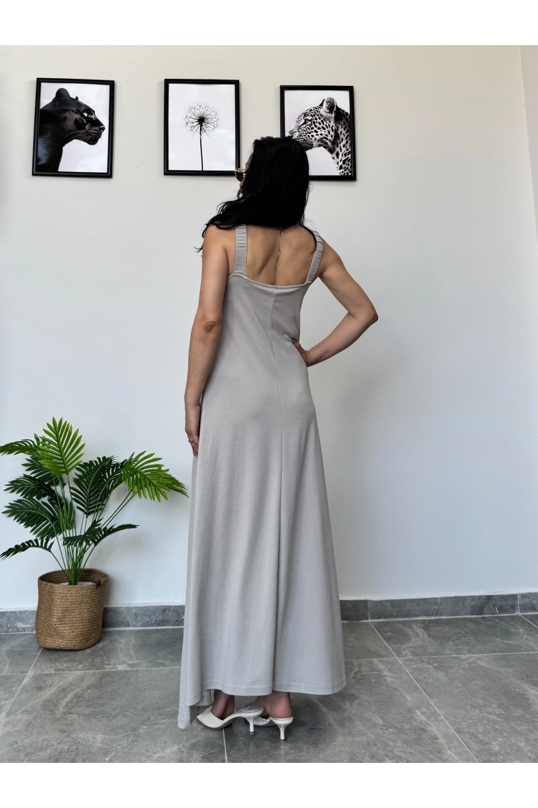 Açık Gri Kalın Askılı Uzun Elbise
