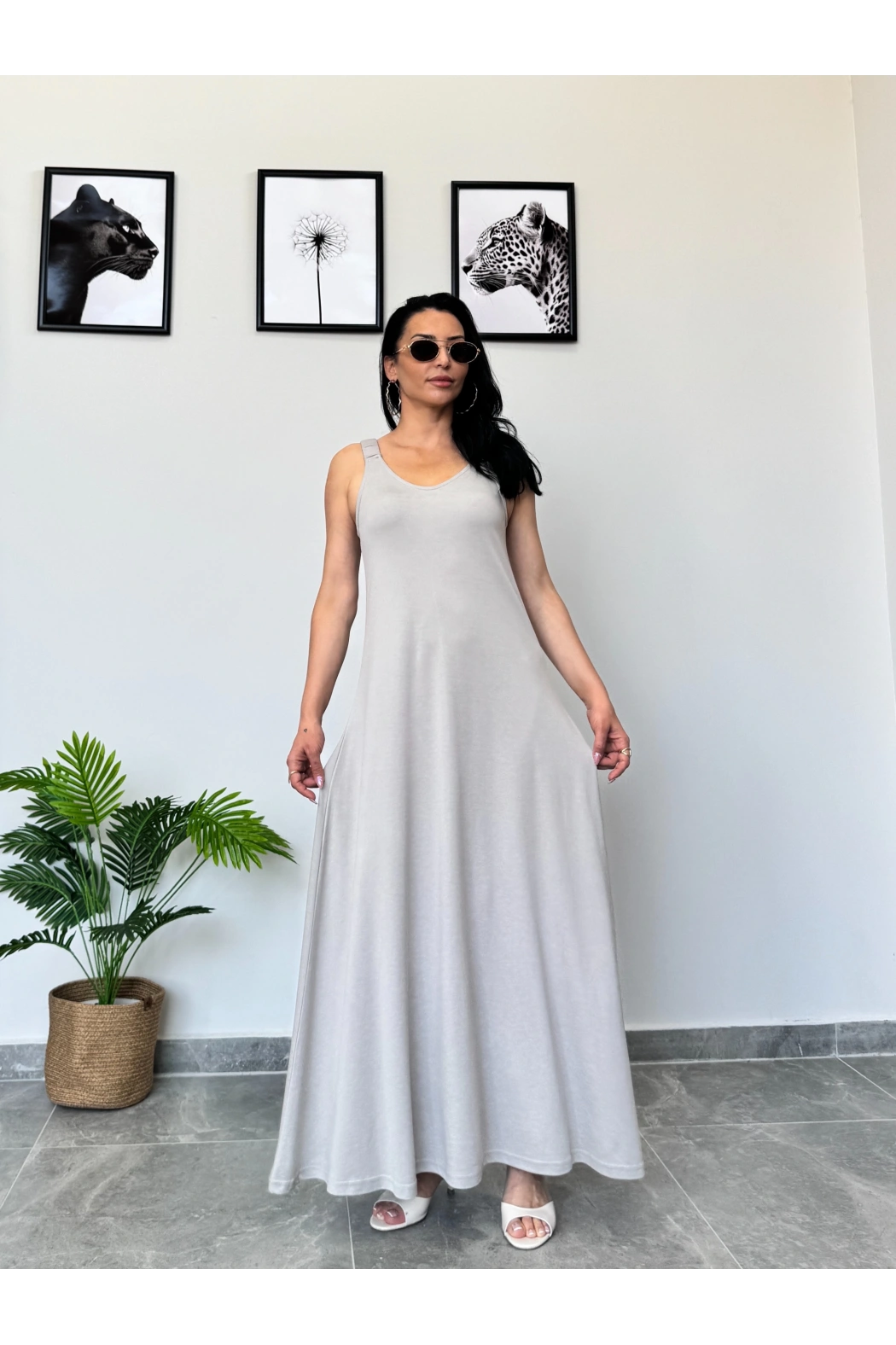 Açık Gri Kalın Askılı Uzun Elbise