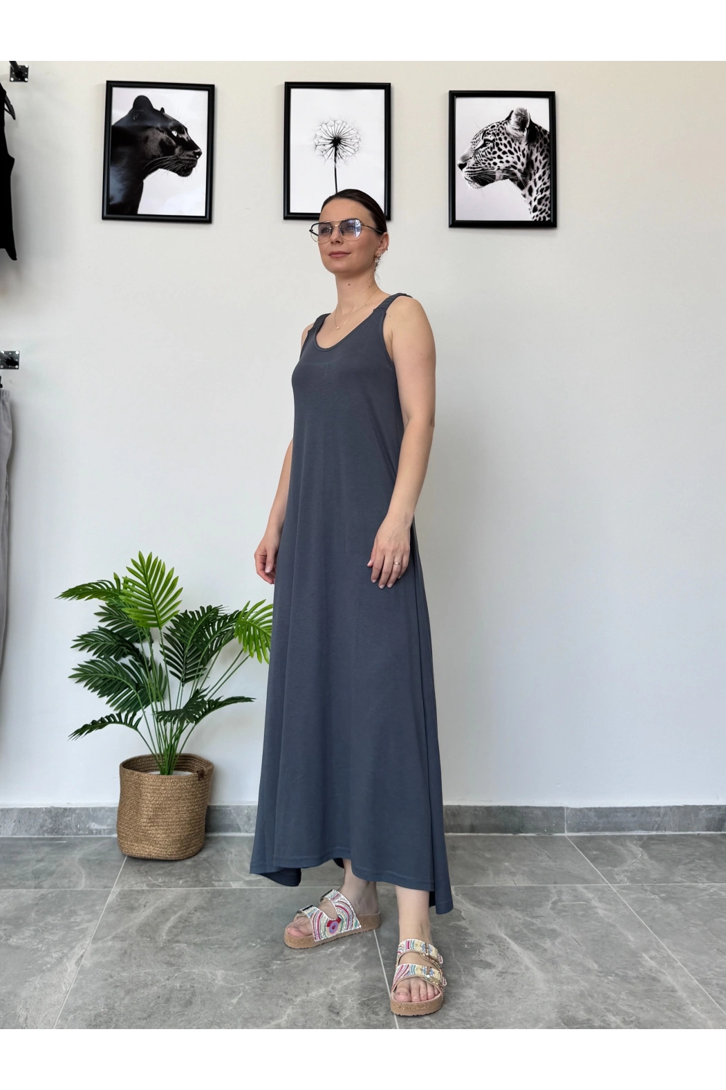 Füme Kalın Askılı Uzun Elbise