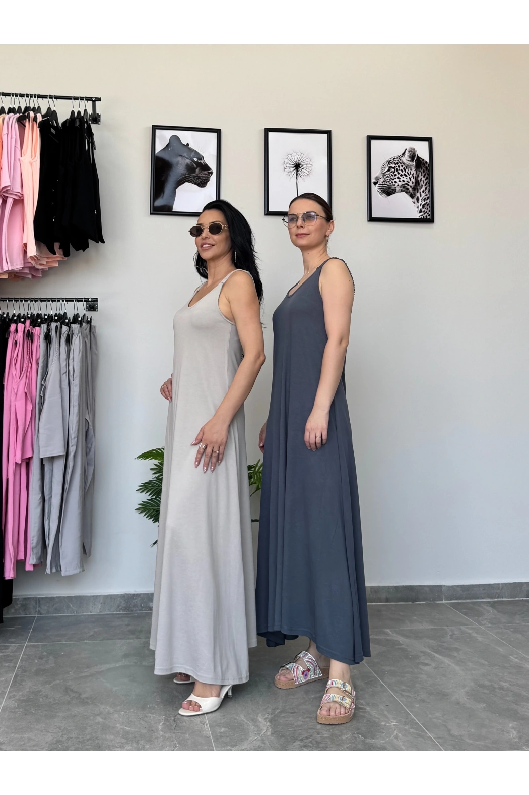 Füme Kalın Askılı Uzun Elbise