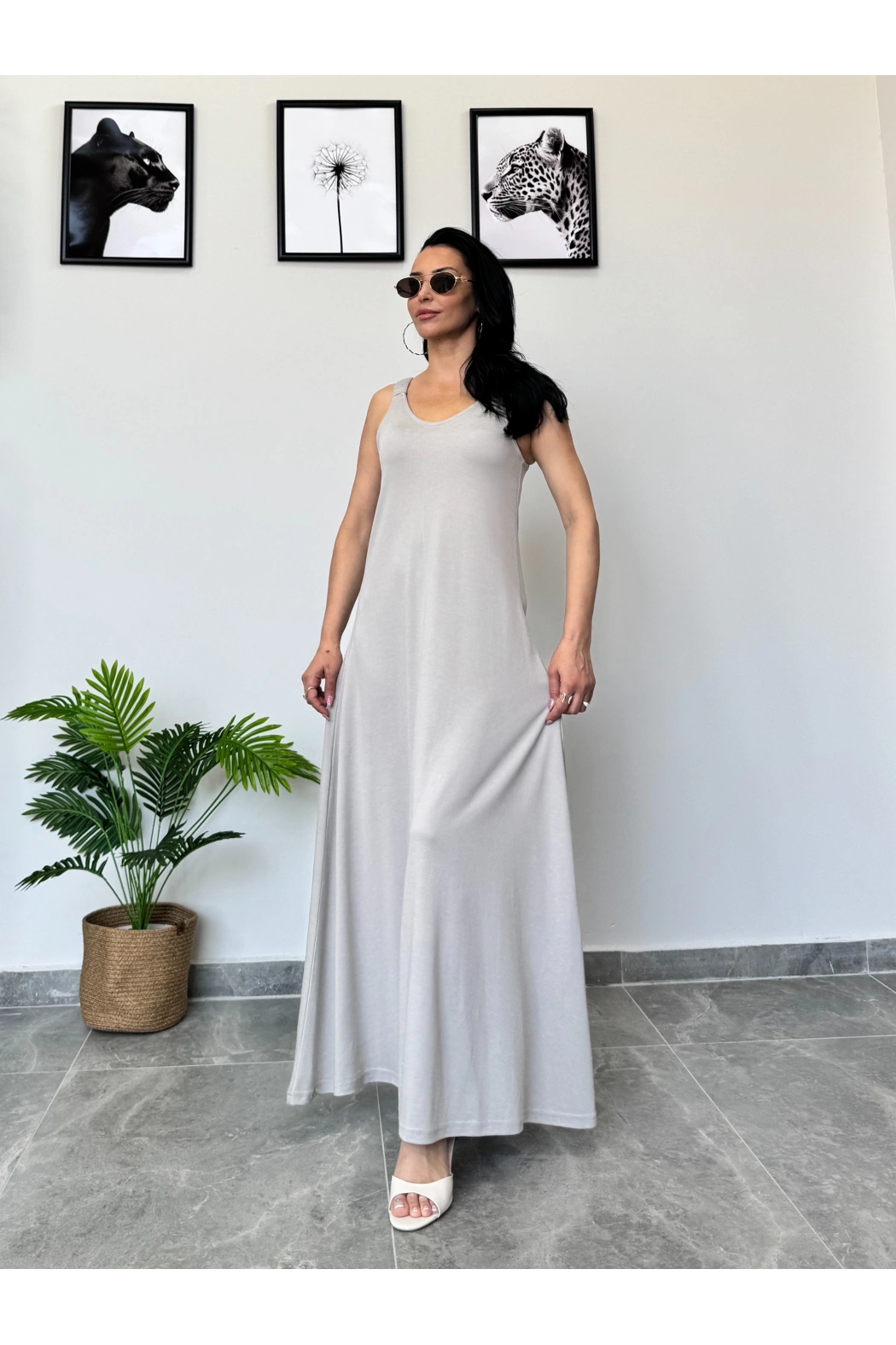 Açık Gri Kalın Askılı Uzun Elbise