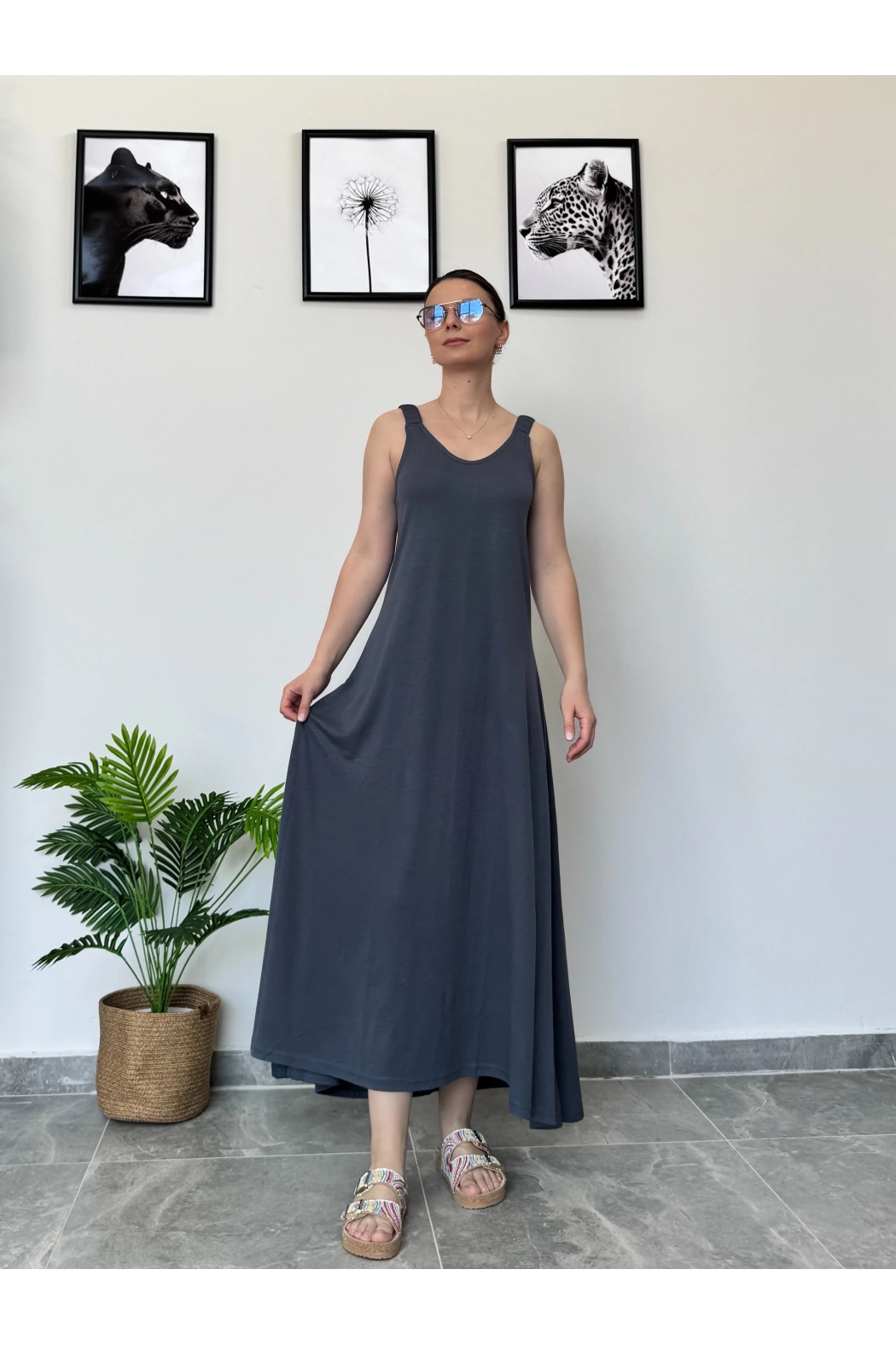 Füme Kalın Askılı Uzun Elbise