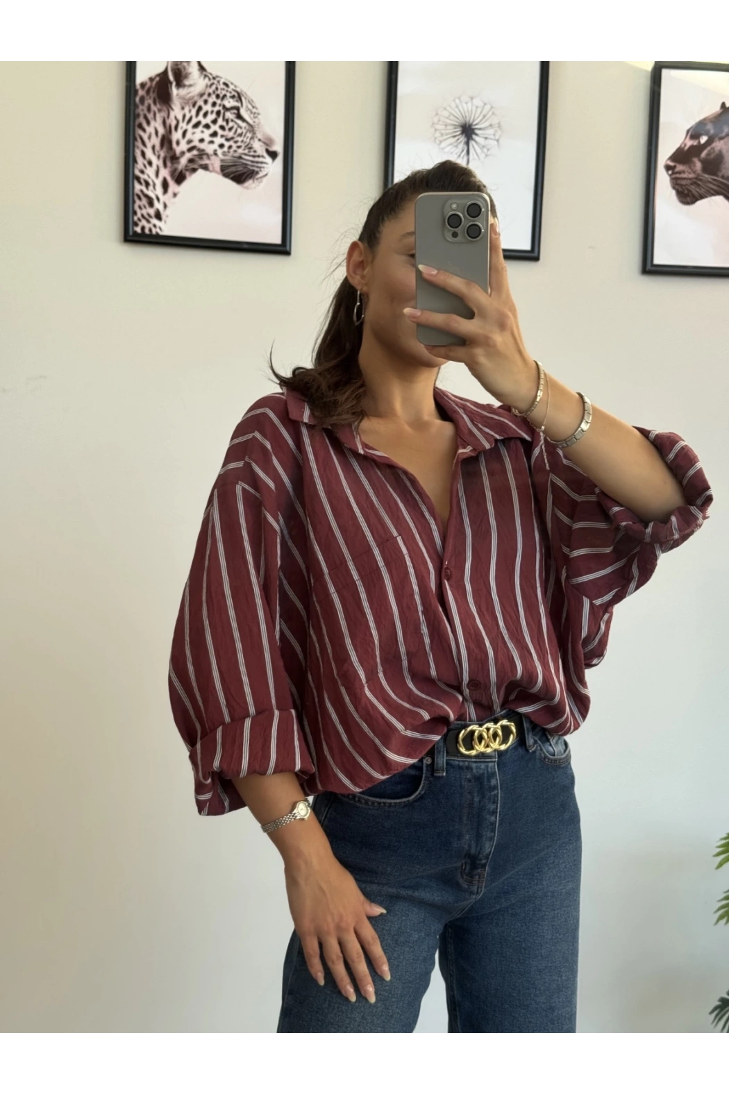 Beyaz Çizgili Oversize Gömlek