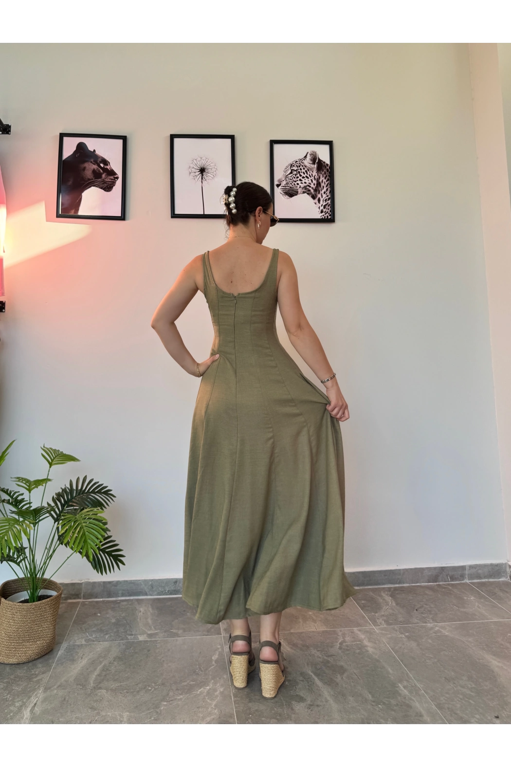 Haki Uzun Keten Elbise