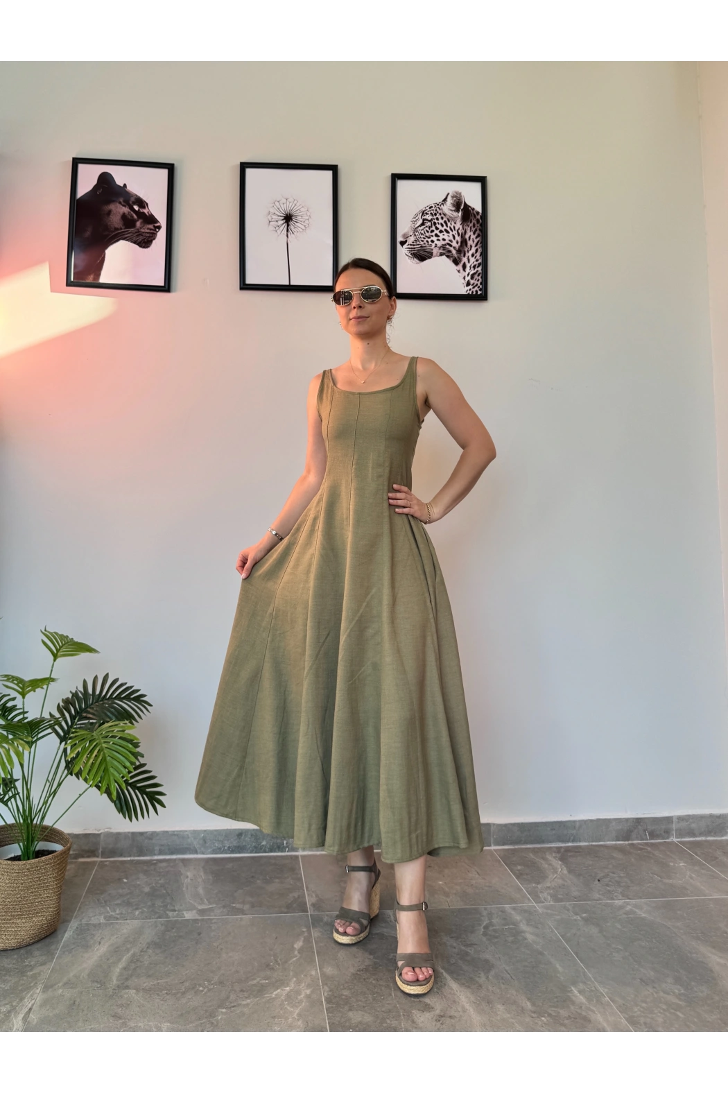Haki Uzun Keten Elbise