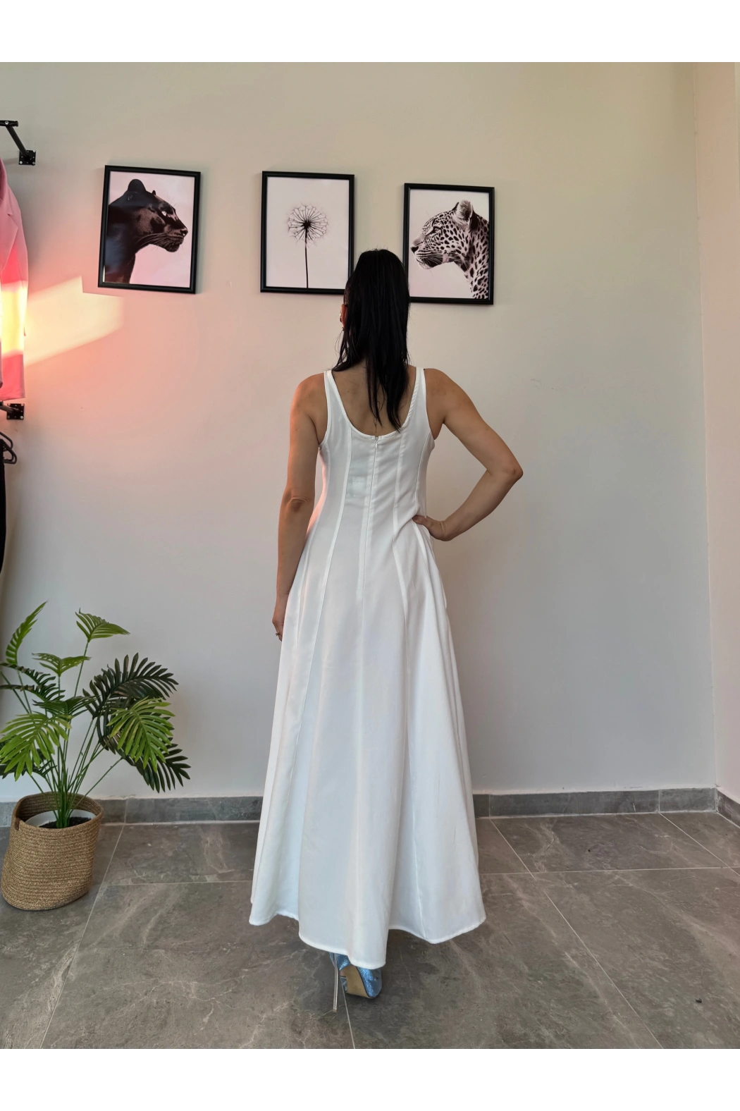 Beyaz Uzun Keten Elbise