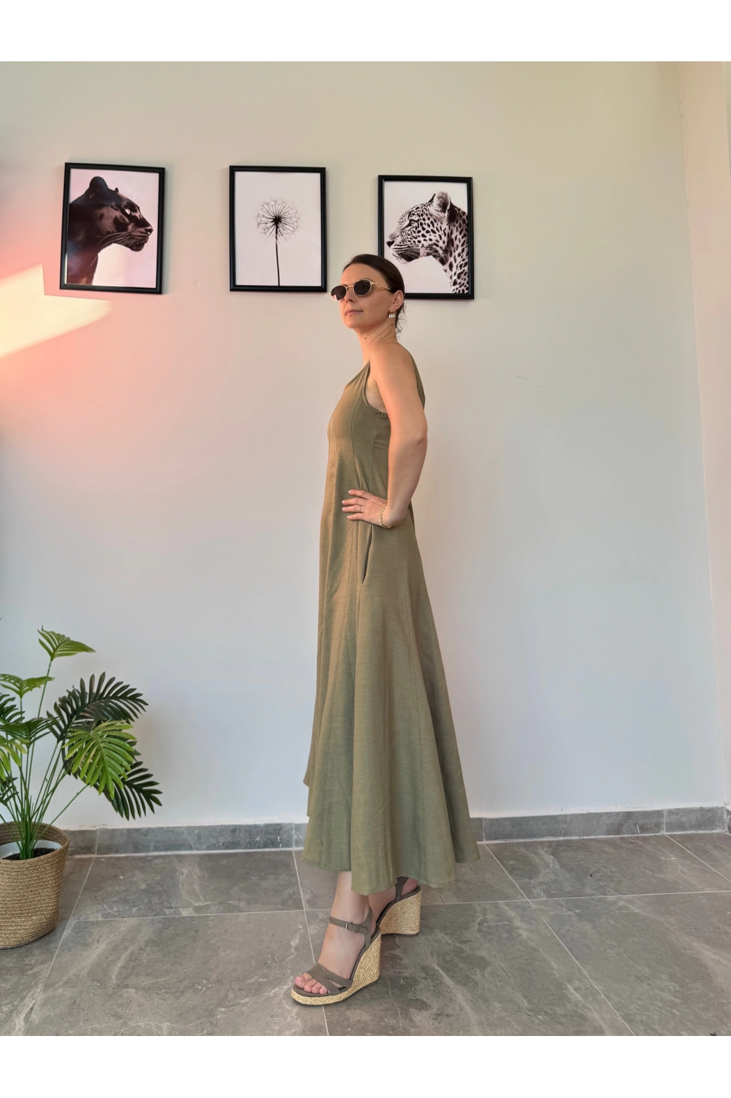 Haki Uzun Keten Elbise