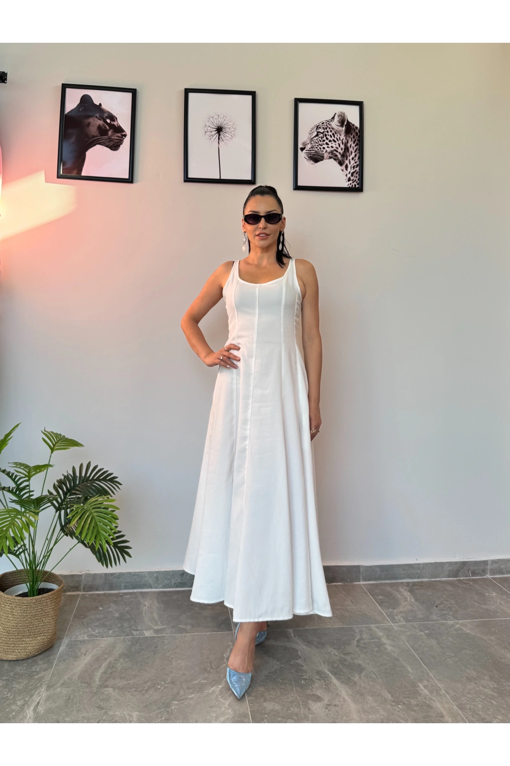 Beyaz Uzun Keten Elbise
