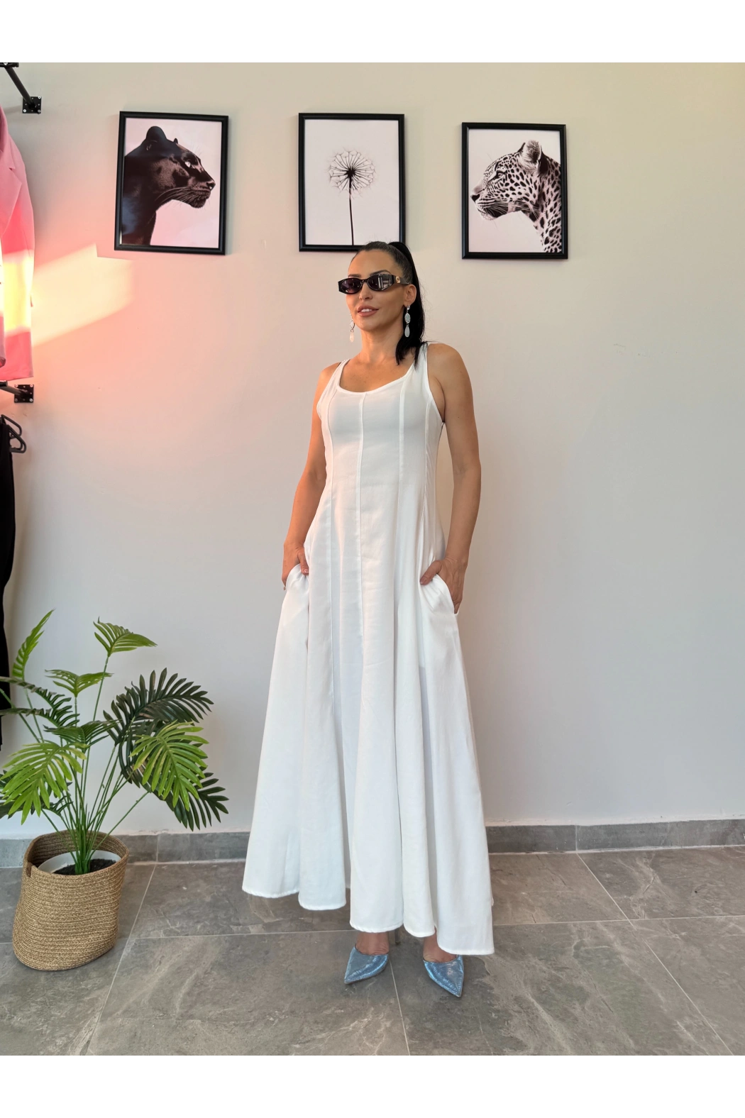 Beyaz Uzun Keten Elbise