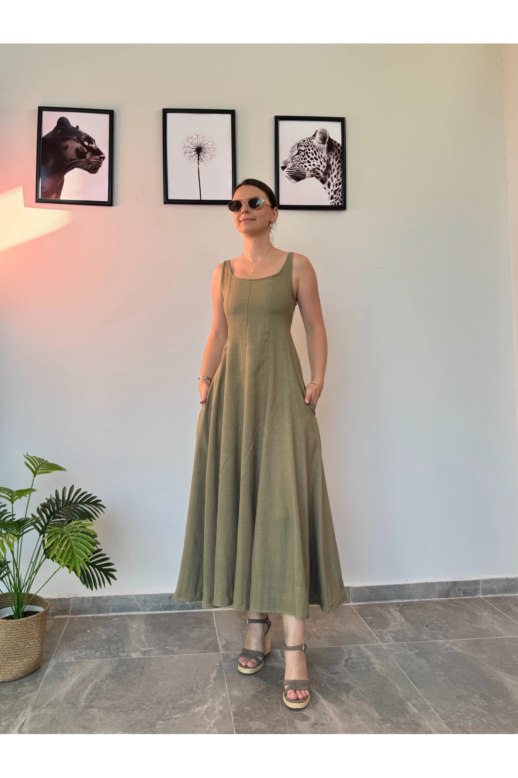 Haki Uzun Keten Elbise